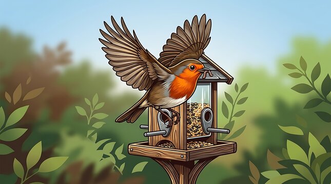 Robin bird with worm flying to wooden feeder in garden