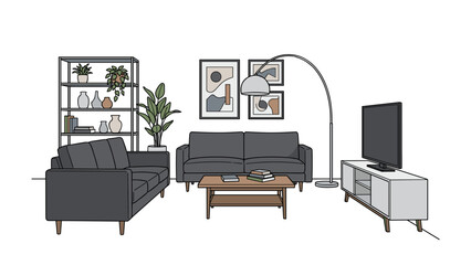 Fototapeta premium Modern living room interior with couch, tv, and coffee table Vector