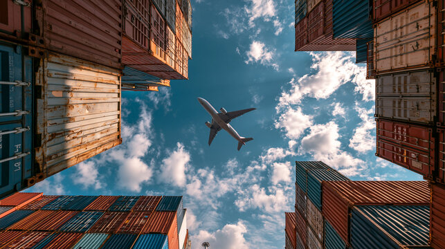 A jet plane flies over stacked shipping containers against a bright sky. Global logistics and international trade.
