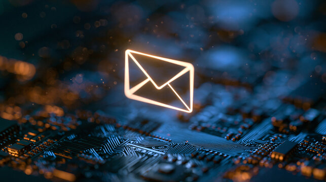 A glowing digital mail icon floats above a dark electronic circuit board. It represents secure communication and.