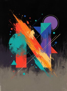 Lettera "N" astratta con pennellate materiche, colori vivaci e forme geometriche su sfondo scuro