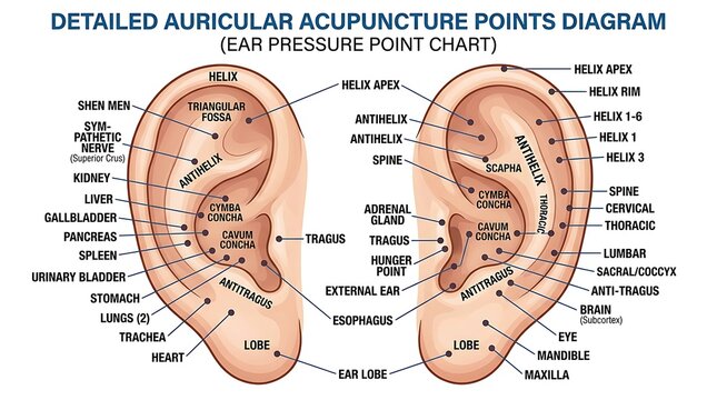 Auricular acupuncture points chart. Detailed ear reflexology diagram for medical education.