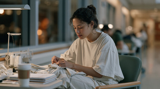 Solitary sailmaker stitches canvas seams by the light of a hospital corridor window on New Year's night, her hands moving with muscle memory while the ward quiets around her, the