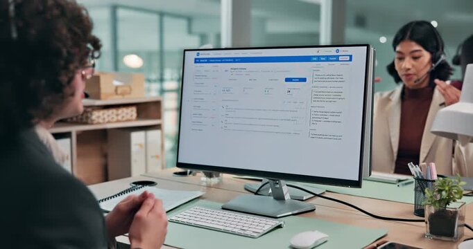 Talk, man and computer screen with help in call center for tech support, account access or guide. Coworking, helpdesk technician and desktop for remote diagnostics, issue resolution or password reset