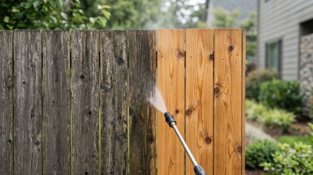 Vertical cedar fence boards getting cleaned with power washer spray showing stark contrast between dirty grey and new wood.