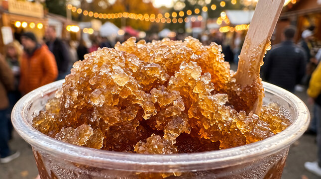 Refreshing Apple Cider Slushie with Fine Shaved Ice and Wooden Spoon in Plastic Cup Close-Up