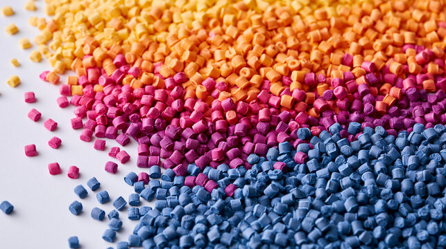 Colored plastic polymer pellets isolated on white background. Raw materials for industrial plastic manufacturing.