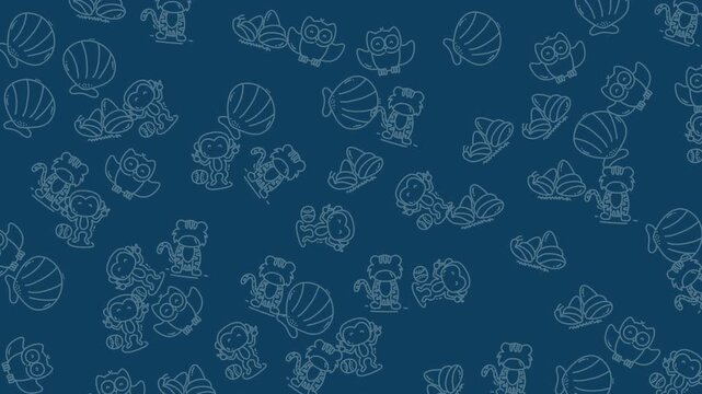 Owls and seashells are arranged in a playful repeating pattern on a deep navy blue background surface.