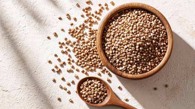 Raw organic buckwheat groats in a wooden bowl and spoon. Healthy food ingredient for nutrition and vegetarian diet.