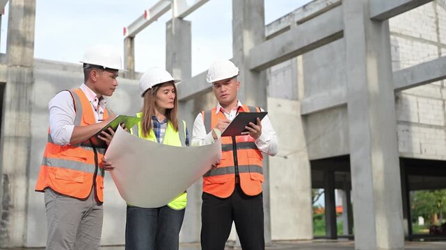 Construction engineers review a blueprint and discuss project plans at a building site. Concept of civil engineering, teamwork, architecture, construction management, and development.