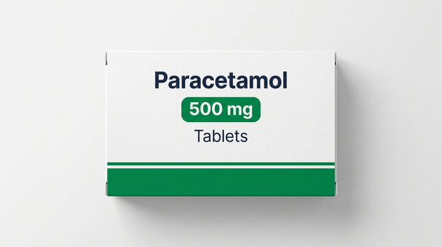 White Paracetamol 500 mg tablet medicine box on white background