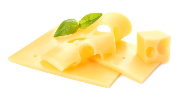 Slices and cube of yellow swiss cheese with holes and fresh green basil leaves, isolated on white