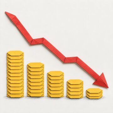 Financial decline concept with origami red downward arrow chart and decreasing stacks of yellow paper coins, business decrease and loss illustration
