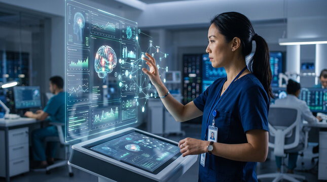 In a high-tech medical workspace, a side profile of an Asian female doctor engages with AI-driven healthcare data projected as a hologram, showcasing her focus and precision in lev