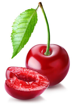 Whole and cut ripe juicy sweet cherry with leaf isolated on transparent background.