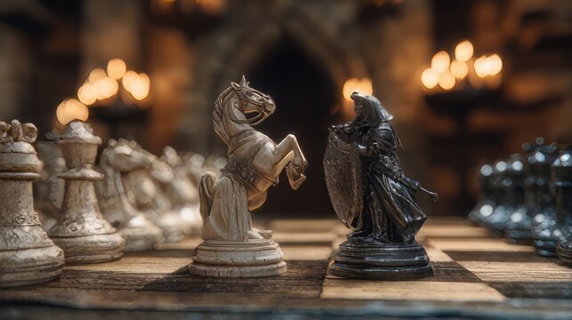 Two detailed knight chess pieces, one black and one white, facing each other with ornate shields. Symbolize opposition of chess game, conflict strategy.