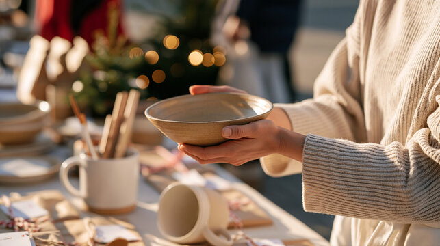 A close up of a craft seller's hands on a crowded market table holding a lopsided homemade ceramic dish fresh from a kiln firing gone slightly wrong, surrounded by holiday