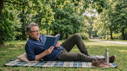 Fototapeta premium Mature man reading a book while lying on a blanket on the grass in a sunny green park