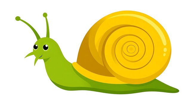 Pixel art green snail with yellow spiral shell, isolated on white, cute cartoon character