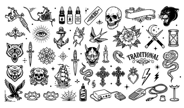 Old School Traditional Tattoo Flash Vector Icon Set Featuring Skull Dagger Rose Panther Anchor Cross All Seeing Eye and Vintage Ribbon Banners
