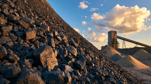 Large stone pile at an industrial quarry under a sunset sky. Concept for construction industry and mining resource.