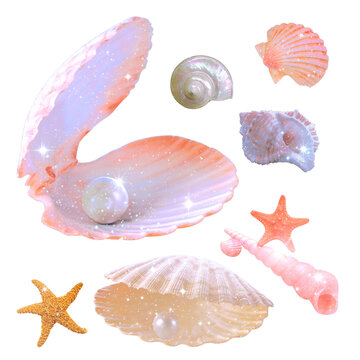 Pastel iridescent seashell collection with glowing pearls