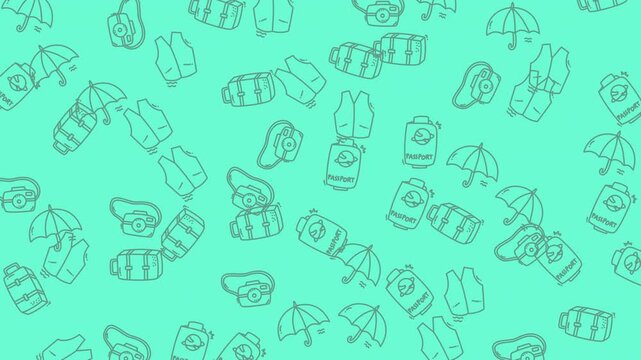 Travel gear icons pattern overlays this vibrant mint background to evoke a sense of adventure and trips.