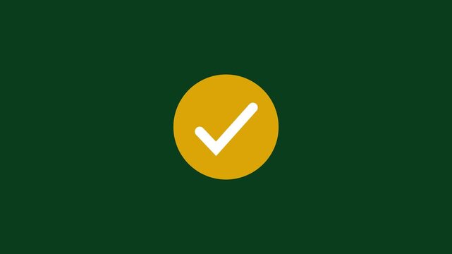 Animated minimalist checkmark appearing inside a golden circle on a deep forest green background, user interface digital task completion, success confirmation, and web ui ux