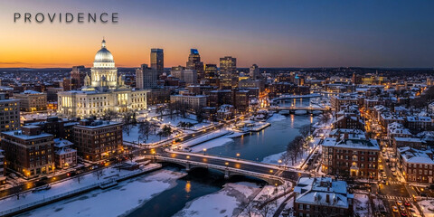 Fototapeta premium Beautiful night view of Providence, Rhode Island highlighting the illuminated State House, river, and snowy urban architecture at twilight