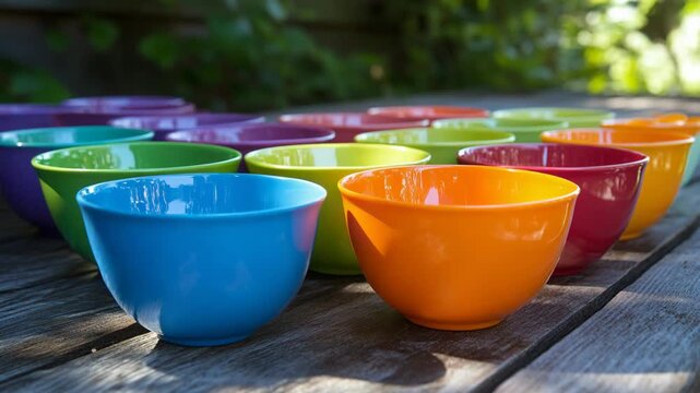 selective focus colorful bright bowls arranged together