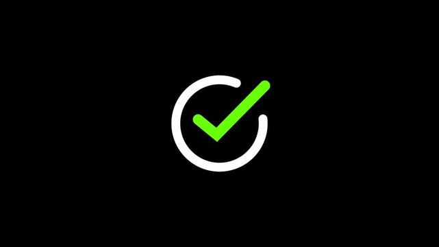 Minimalist animated checkmark motion featuring a smooth green tick appearing inside a clean white circle on a solid black background, for user interface