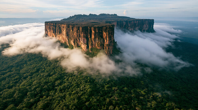 Mount Roraima tepui rises above lush rainforest clouds. Perfect for travel adventure, eco-tourism, and exotic nature.