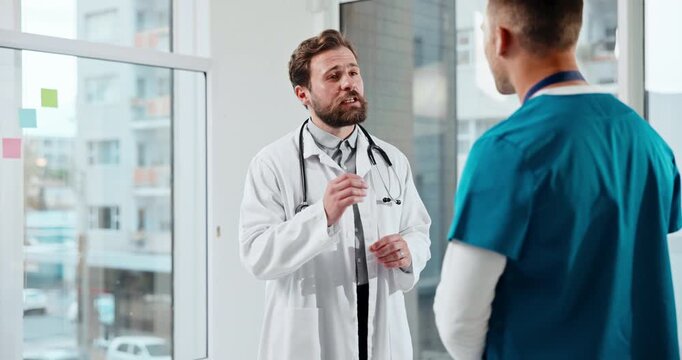 Doctor, nurse and advice in hospital with meeting, mentorship and discussion for medical internship. People, mentor and intern in clinic with conversation, guidance and tips for healthcare career.