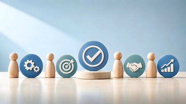 Wooden peg figures with business icons including gears, target, checkmark, handshake, and graph, depicting corporate strategy and successful teamwork.