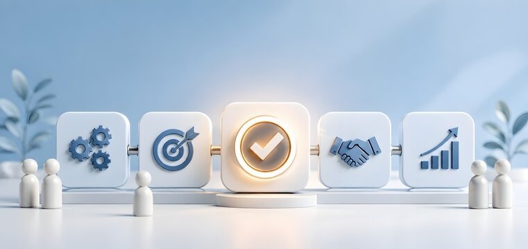 Clean 3D business strategy concept with white figures and glowing checkmark icon alongside partnership and growth symbols in a modern office setup.