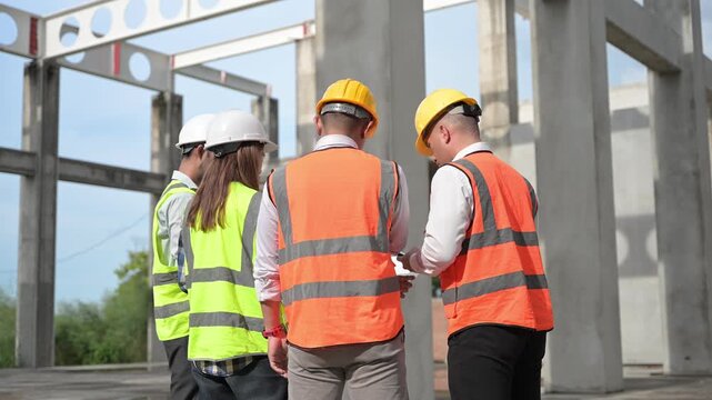 Construction engineers review a blueprint and discuss project plans at a building site. Concept of civil engineering, teamwork, architecture, construction management, and development.