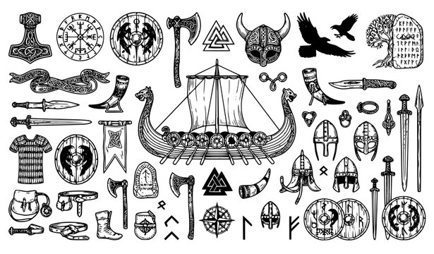 Viking Mythology and Nordic Culture Icon Set Featuring Longship Mjolnir Hammer Shield Axe Raven Horn Helmet and Sacred Runes Vector
