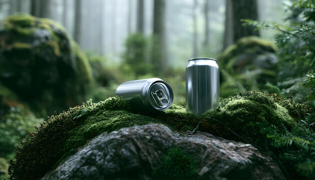 Silver aluminum can rests on moss covered rock in a misty forest. Nature background for product placement. Beverage container in wild green woods setting