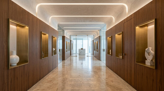 Modern Luxury Hallway with Marble Floor and Wood Panels