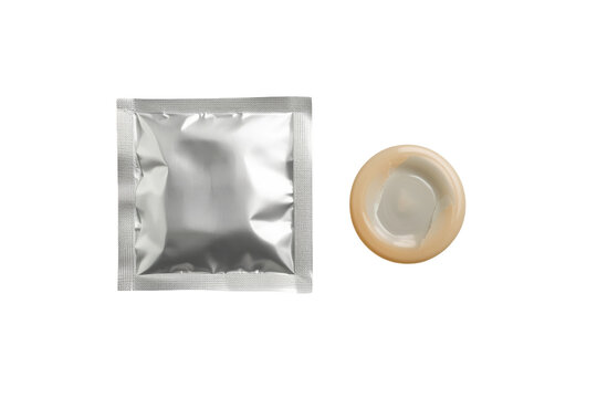Sealed condom packet with unwrapped condom isolated on transparent background