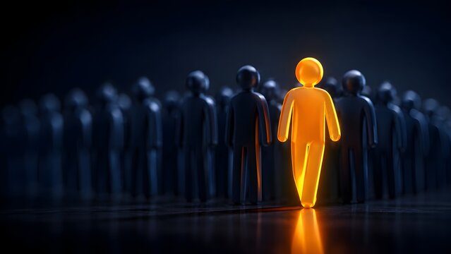Business leader and vision concept. One glowing orange glass figure walking ahead of a dark crowd representing forward thinking, innovation, and taking the lead.
