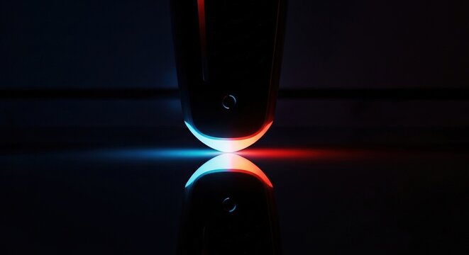 Laser pointer creating vibrant light beams on dark background. High-energy beam split effect with red and blue hues.