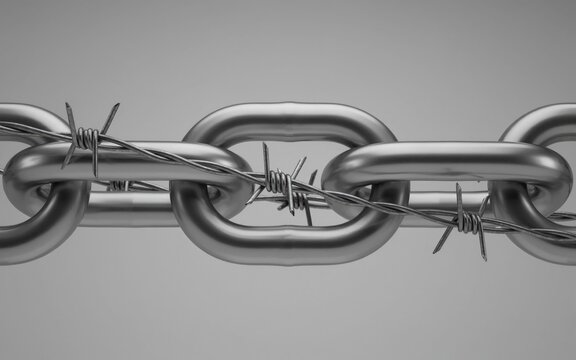 Metal chain links wrapped in sharp barbed wire, grayscale
