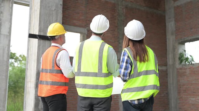Construction engineers review a blueprint and discuss project plans at a building site. Concept of civil engineering, teamwork, architecture, construction management, and development.
