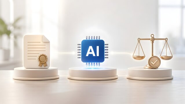 3D artificial intelligence chip with legal document and scales of justice for AI regulation and compliance certification concept