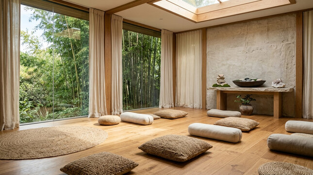 Zen meditation room with natural light, bamboo garden view, and stone decor