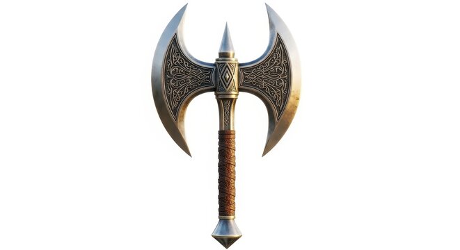 Ornate Double-Headed Fantasy Battle Axe with Intricate Engravings Isolated on White Background