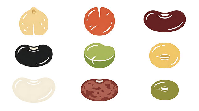 Raw Legumes Beans Pulses and Peas Flat Vector Icon Set Isolated on White Background