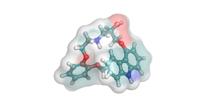 Carvedilol, non-selective beta and alpha-1 blocker for heart failure and hypertension, 3D molecule 4K