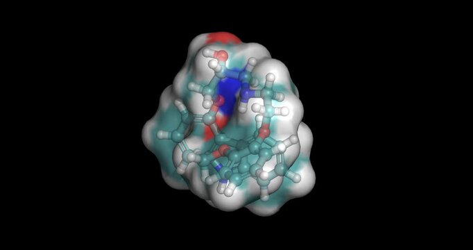 Carvedilol, non-selective beta and alpha-1 blocker for heart failure and hypertension, 3D molecule spinning, 4K